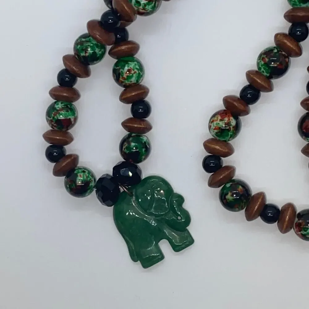 Handmade Bead Black Brown Green Elephant Necklace